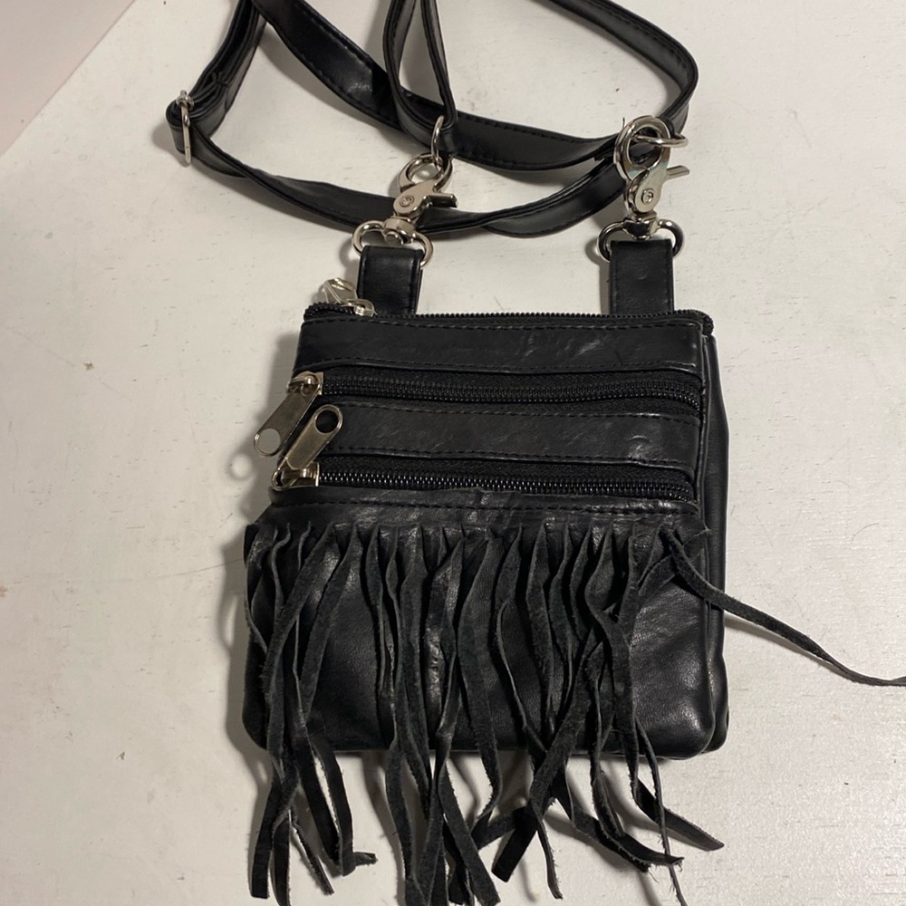 Motorcycle crossbody purse, black leather with fringe, no tags